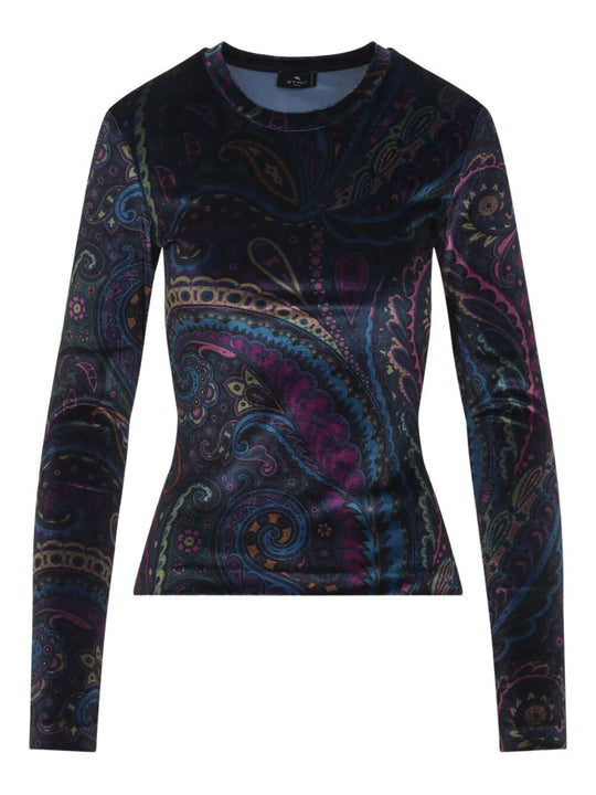Paisley-Print Long-Sleeved Velvet Top