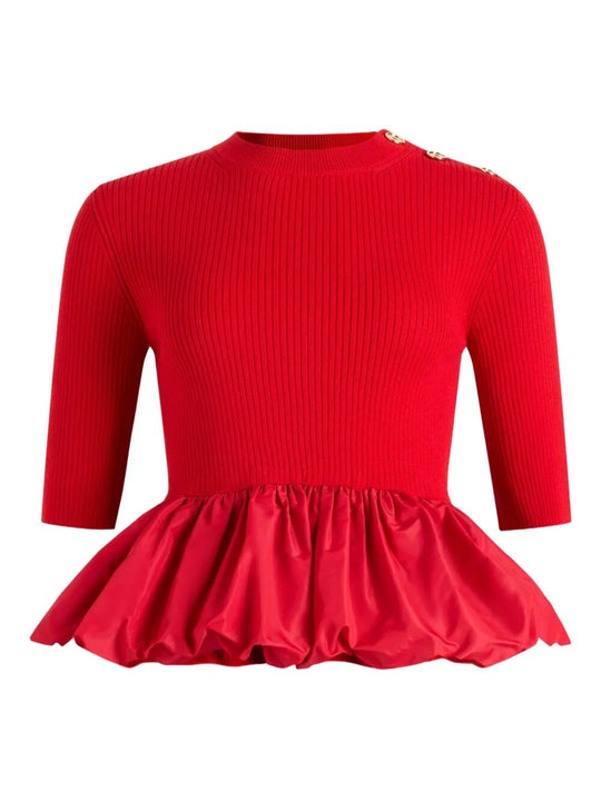 Ruffle Hem Ribbed Jumper In Wool And Faille