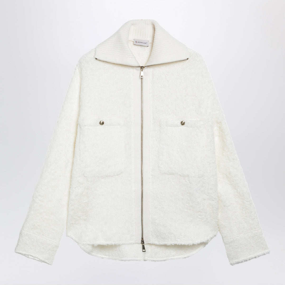 Moncler White Zip-Up Jacket In Bouclé Fabric