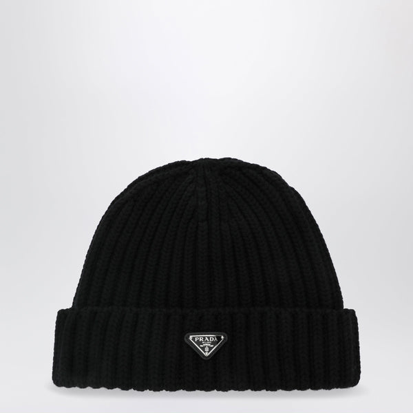 Black Virgin Wool Beanie With Enamelled Triangle Logo