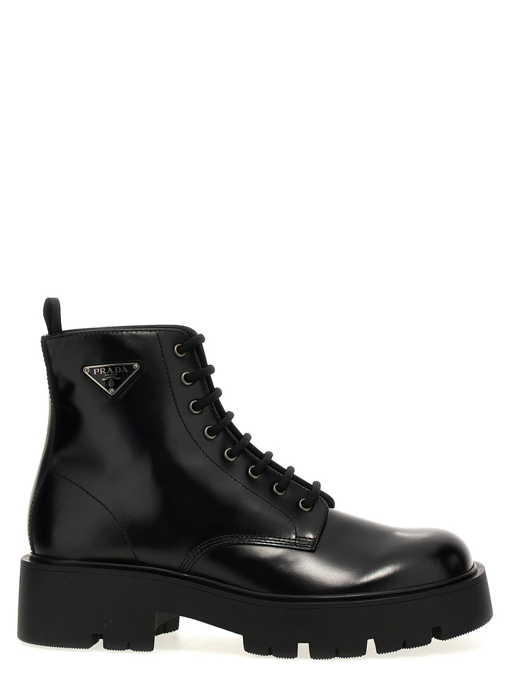 Prada Logo Brushed Leather Ankle Boots Boots and Ankle Boots - Black | fef98b7393f377d5dad0900de3ad7ef96efd1345