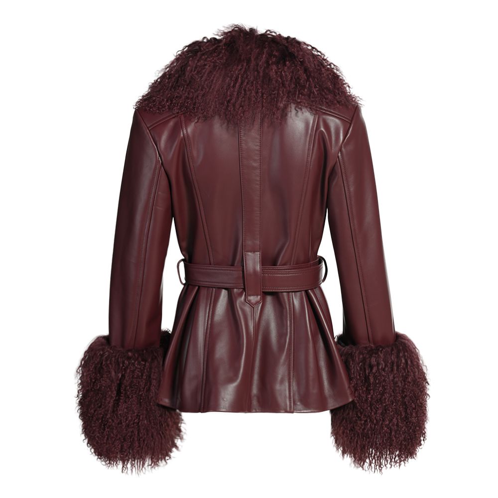 Pegghy Leather and Fur Jacket Burgundy