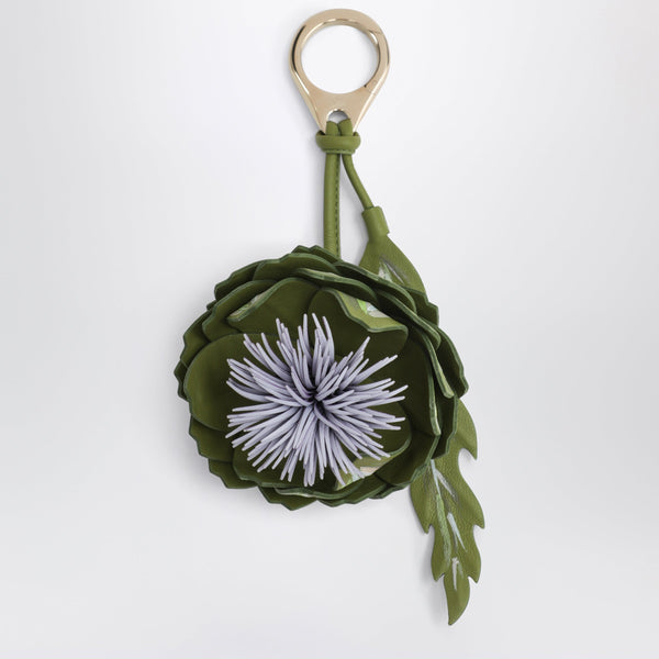 Olive Green/Lilac Leather Key Ring With A Floral Design
