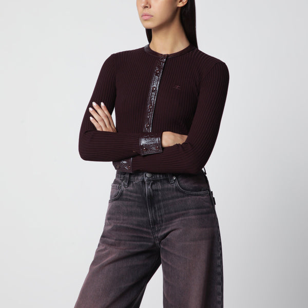 Ribbed Knit Cardigan With Vinyl Trim In Burgundy