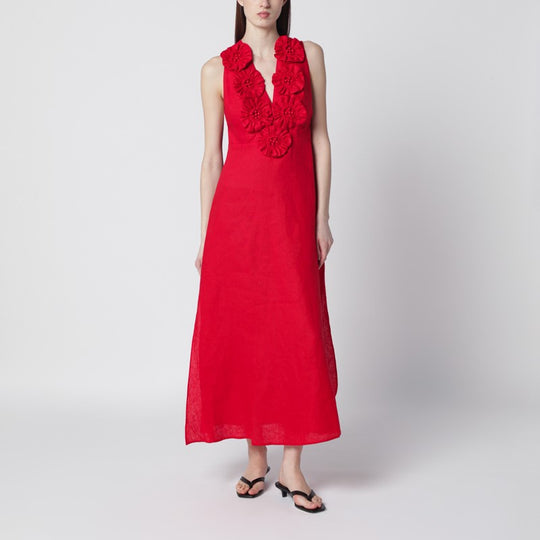 Red Linen Dress With Floral Appliqués