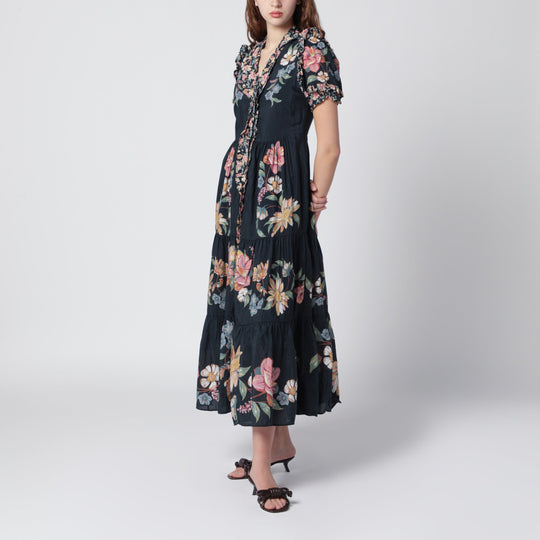Dark Blue Midi Dress With Floral Pattern