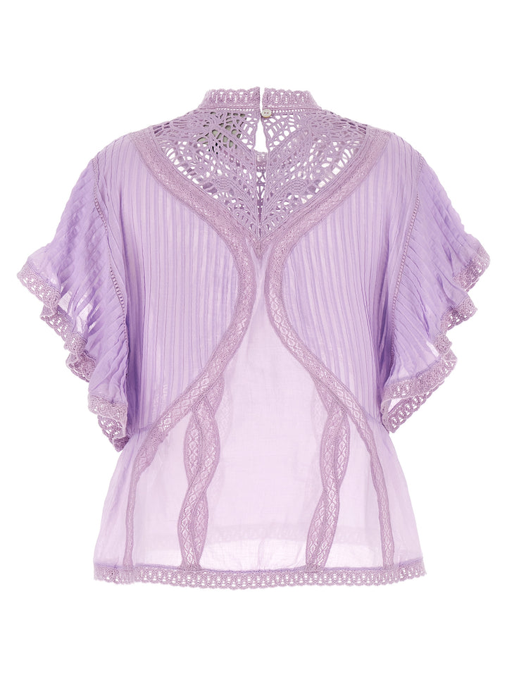 Farm Rio Openwork Detail Blouse Shirt and Blouse - Purple | abbea619cdd9d3de219a07d3eb093f814c3da83a
