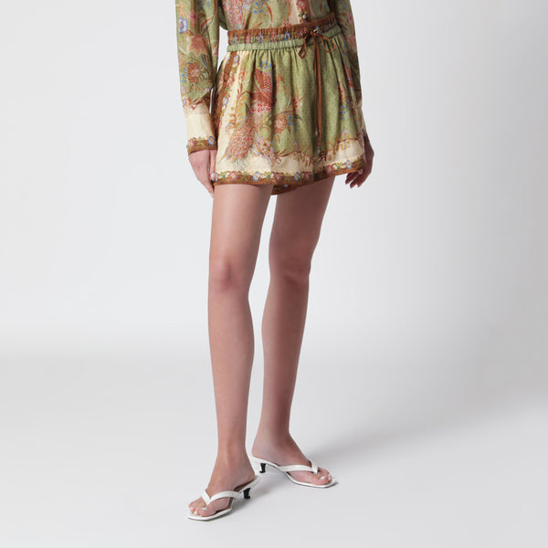 Khaki Floral Silk Indra Relaxed Shorts