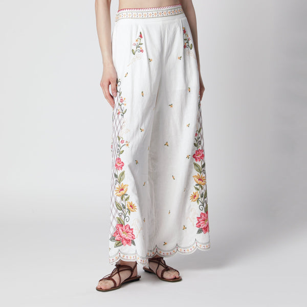 Linen-Blend Trousers With Floral Embroidery