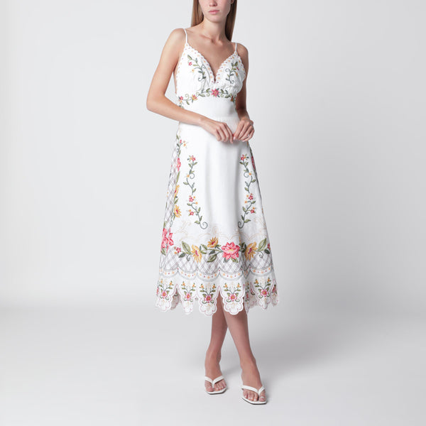 Ivory Midi Dress With Floral Embroidery