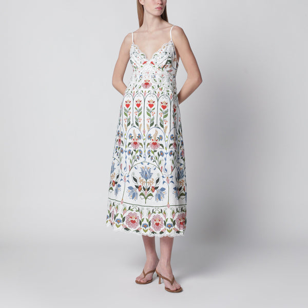 White Midi Dress In Linen With Garden Motif