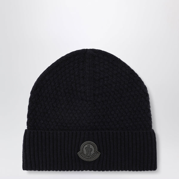 Navy Blue Wool Beanie With Logo Patch
