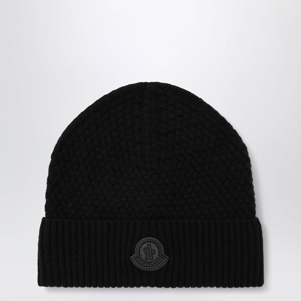 Black Wool Beanie With Logo Patch