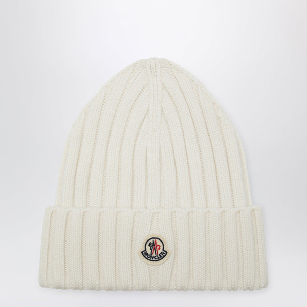 White Cable-Knit Wool Beanie With Logo