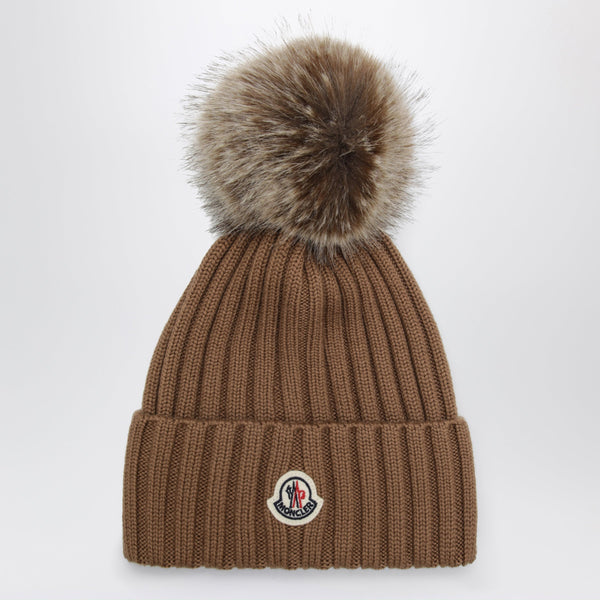 Beige Wool Beanie With Pom-Pom
