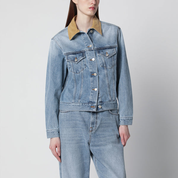 Blue Denim Jacket With Suede Collar