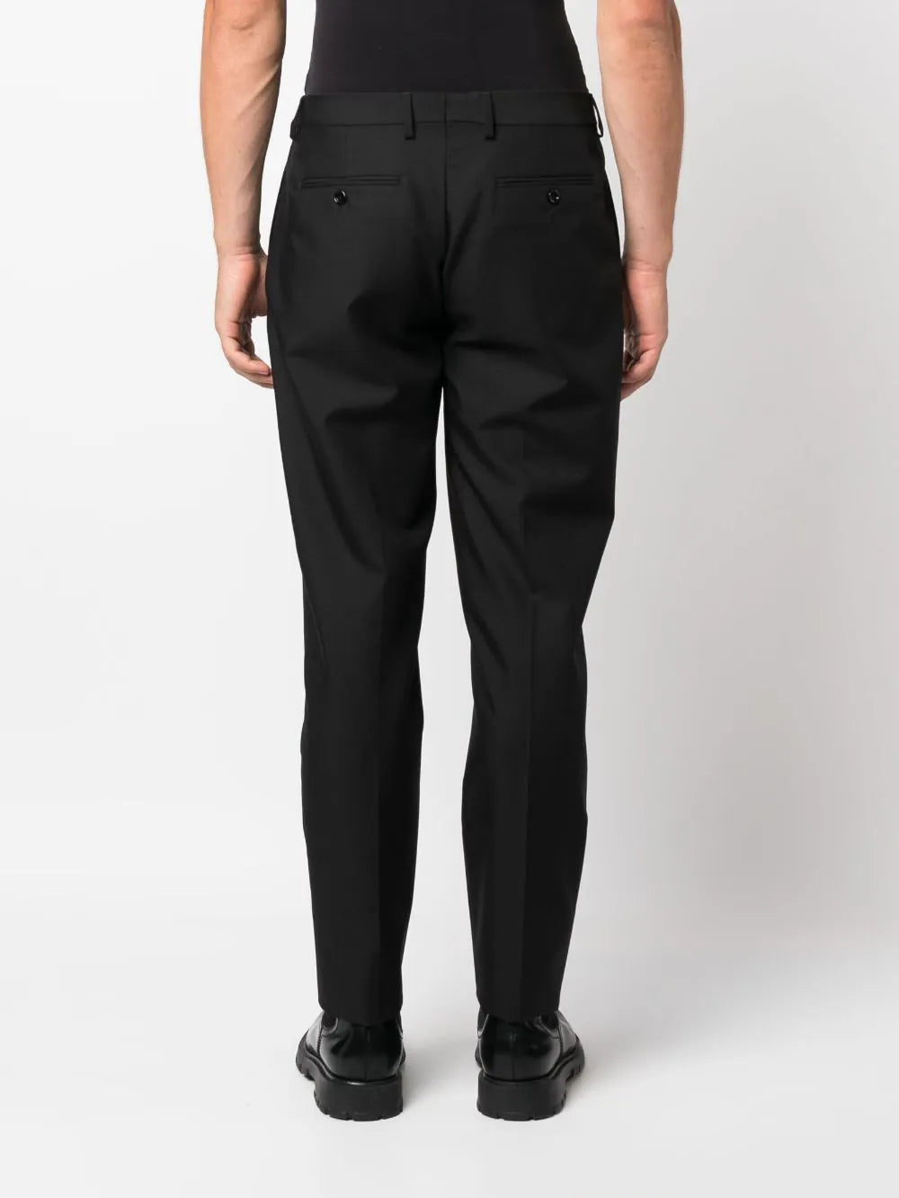 tapered leg trousers with ironed crease