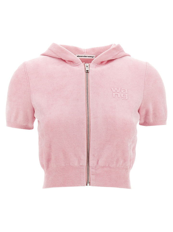 Logo Chenille Cropped Hoodie Sweatshirt Pink