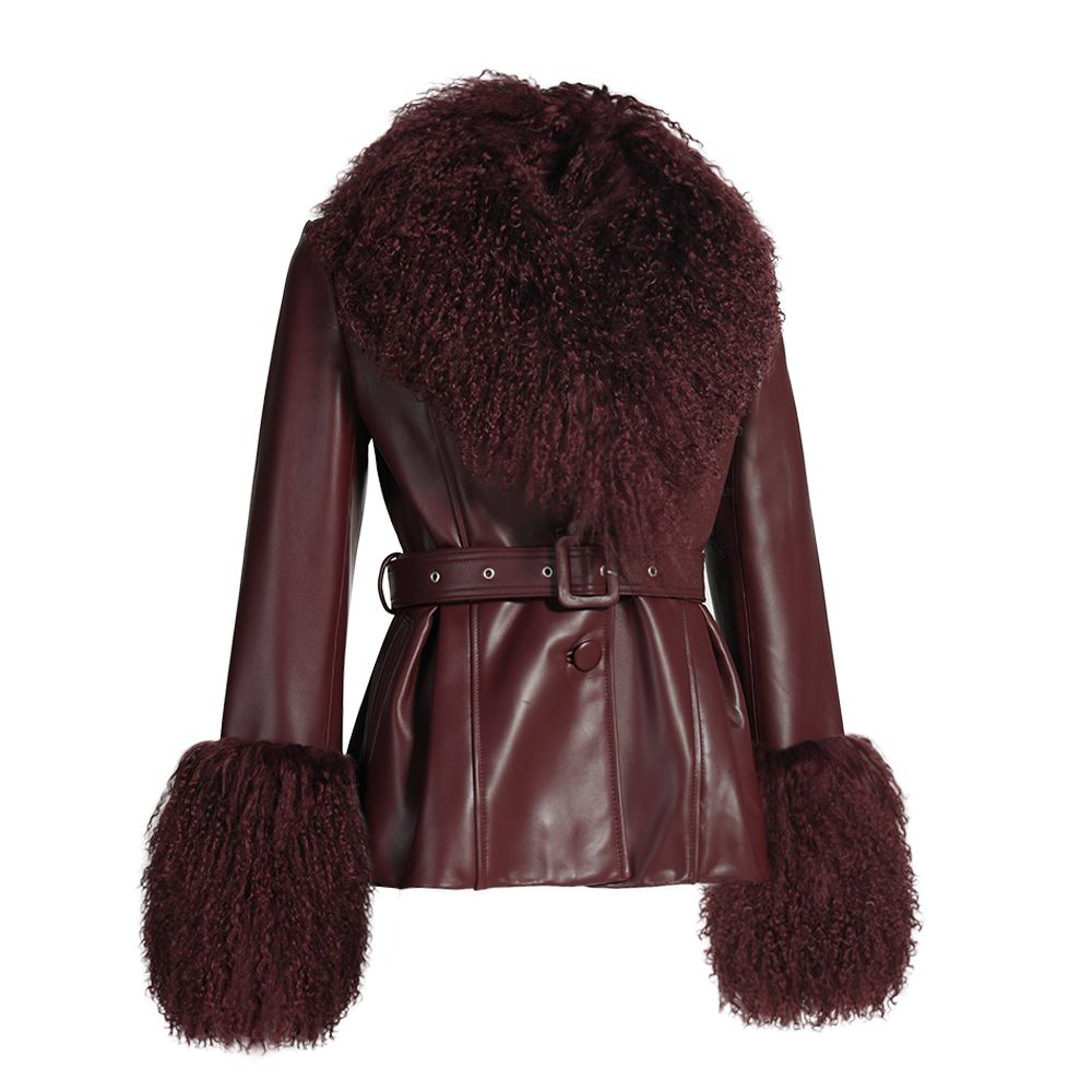 Pegghy Leather and Fur Jacket Burgundy