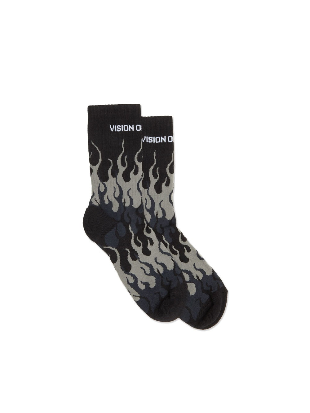 Black socks with grey flames and white logo