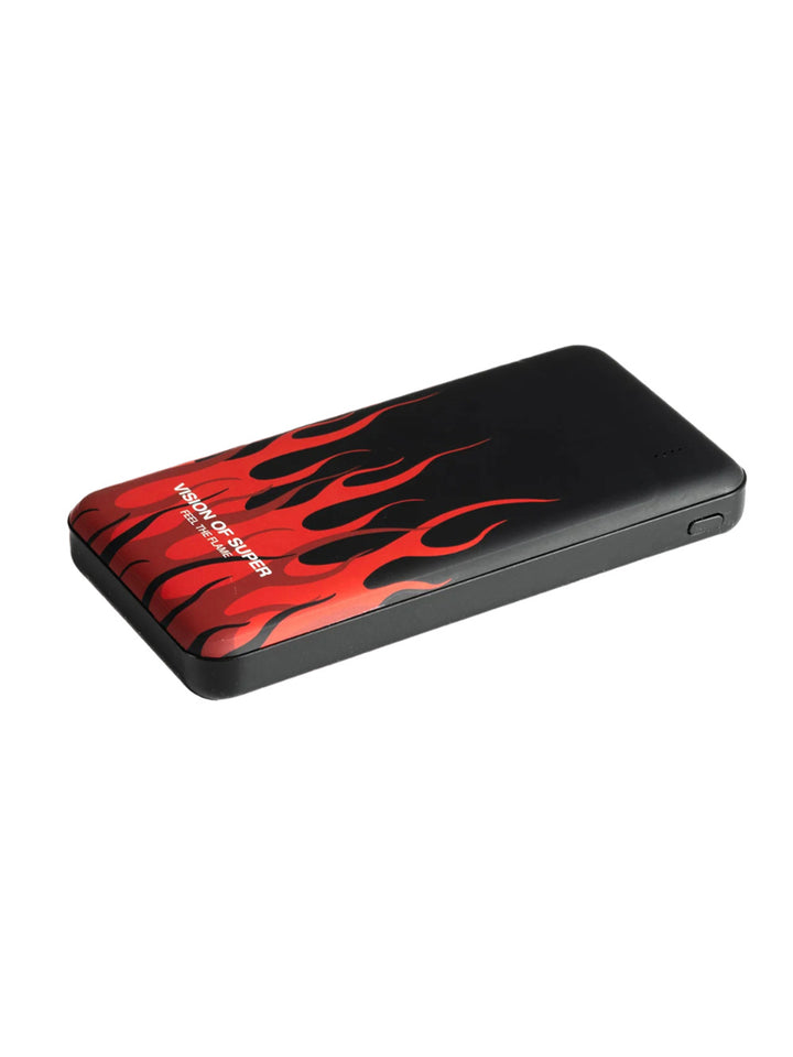 Black powerbank with red flames and white logo