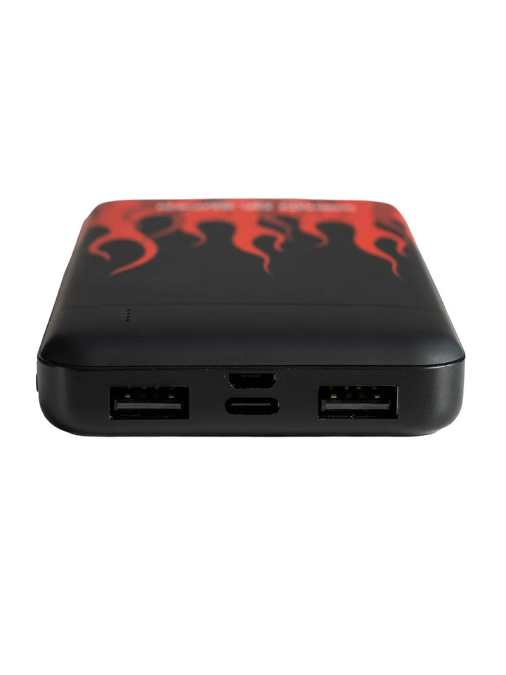 Black powerbank with red flames and white logo