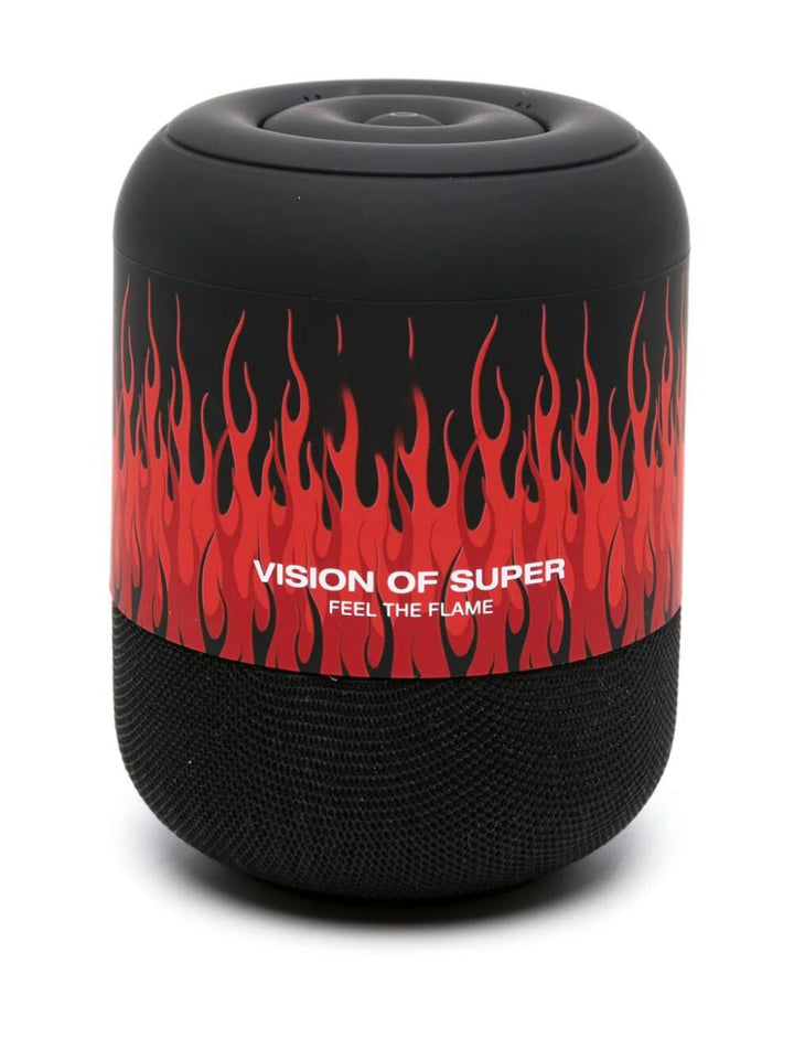 Blck speaker with red flames and white logo