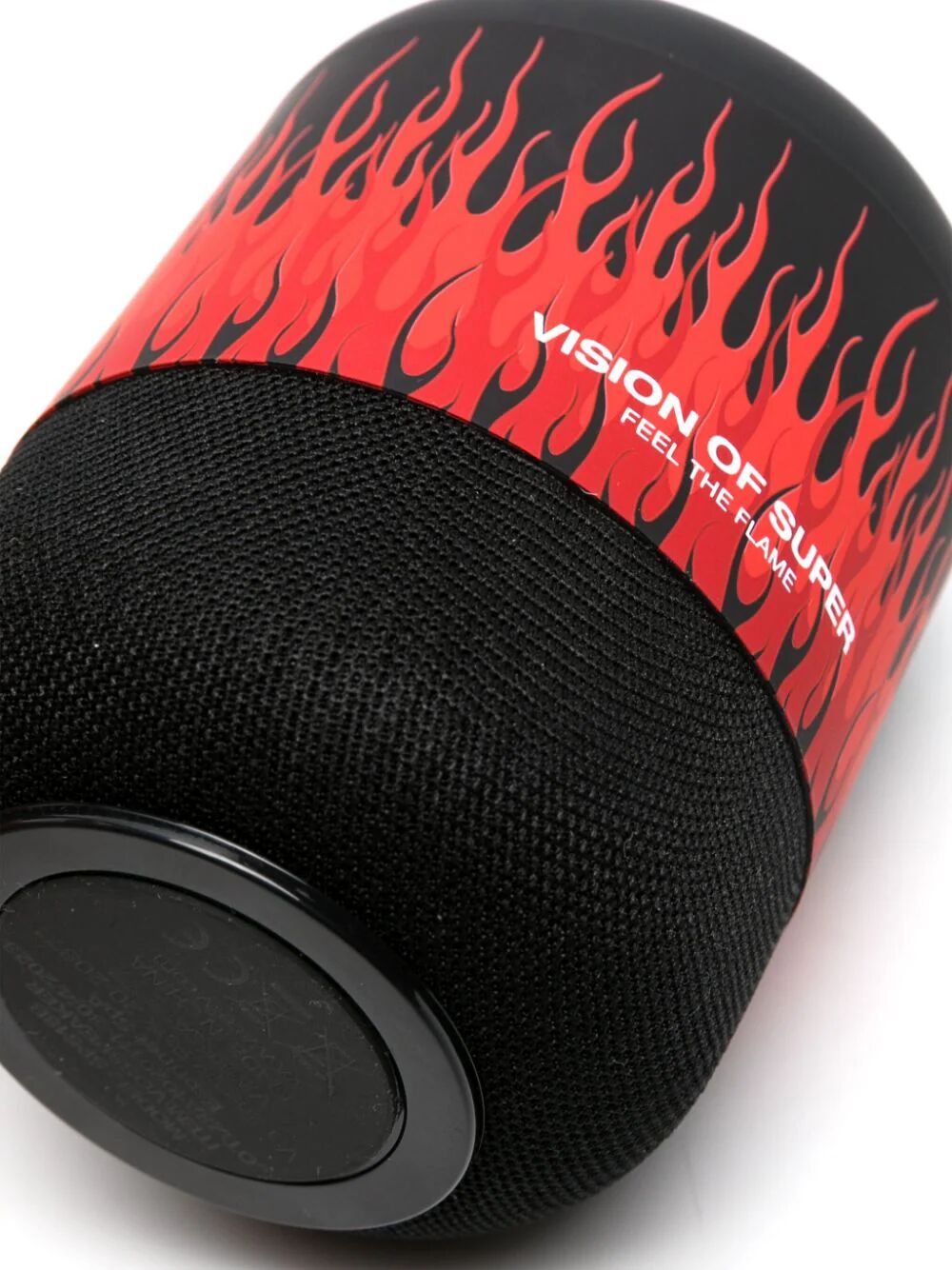 Blck speaker with red flames and white logo