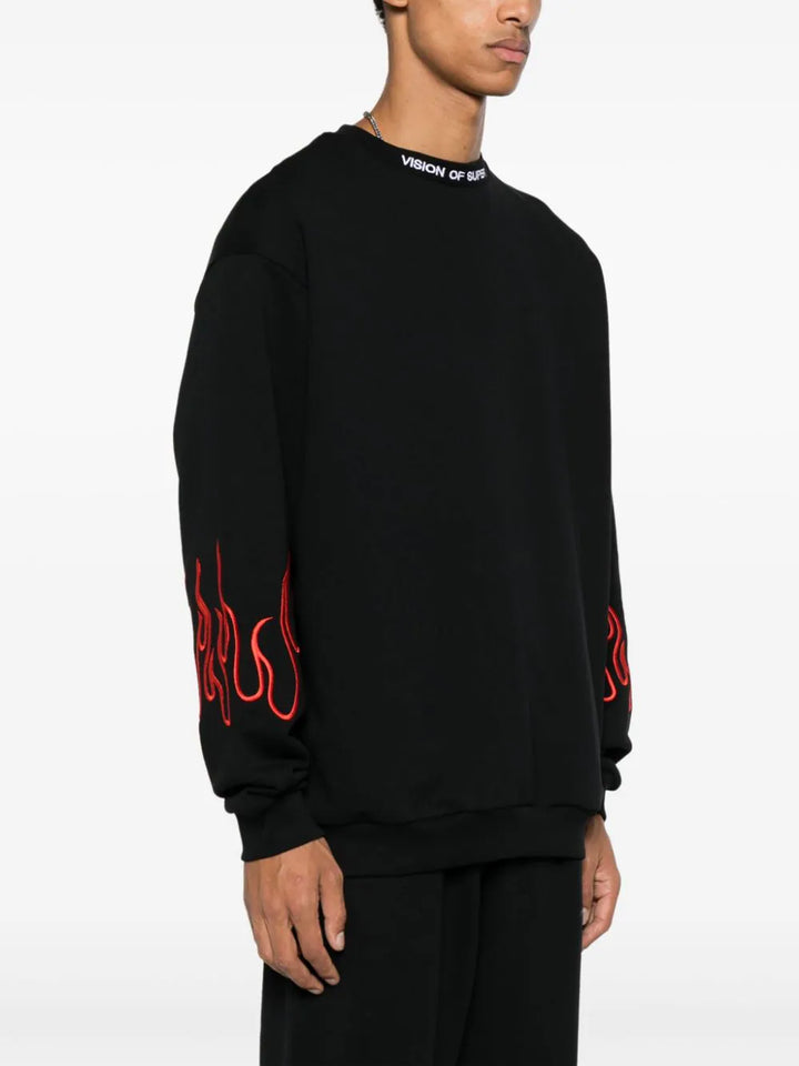 Black crewneck with red embroidered flames