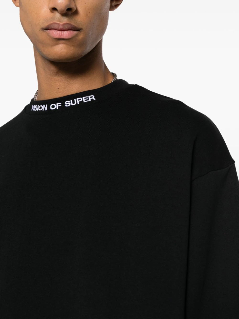 Black crewneck with red embroidered flames