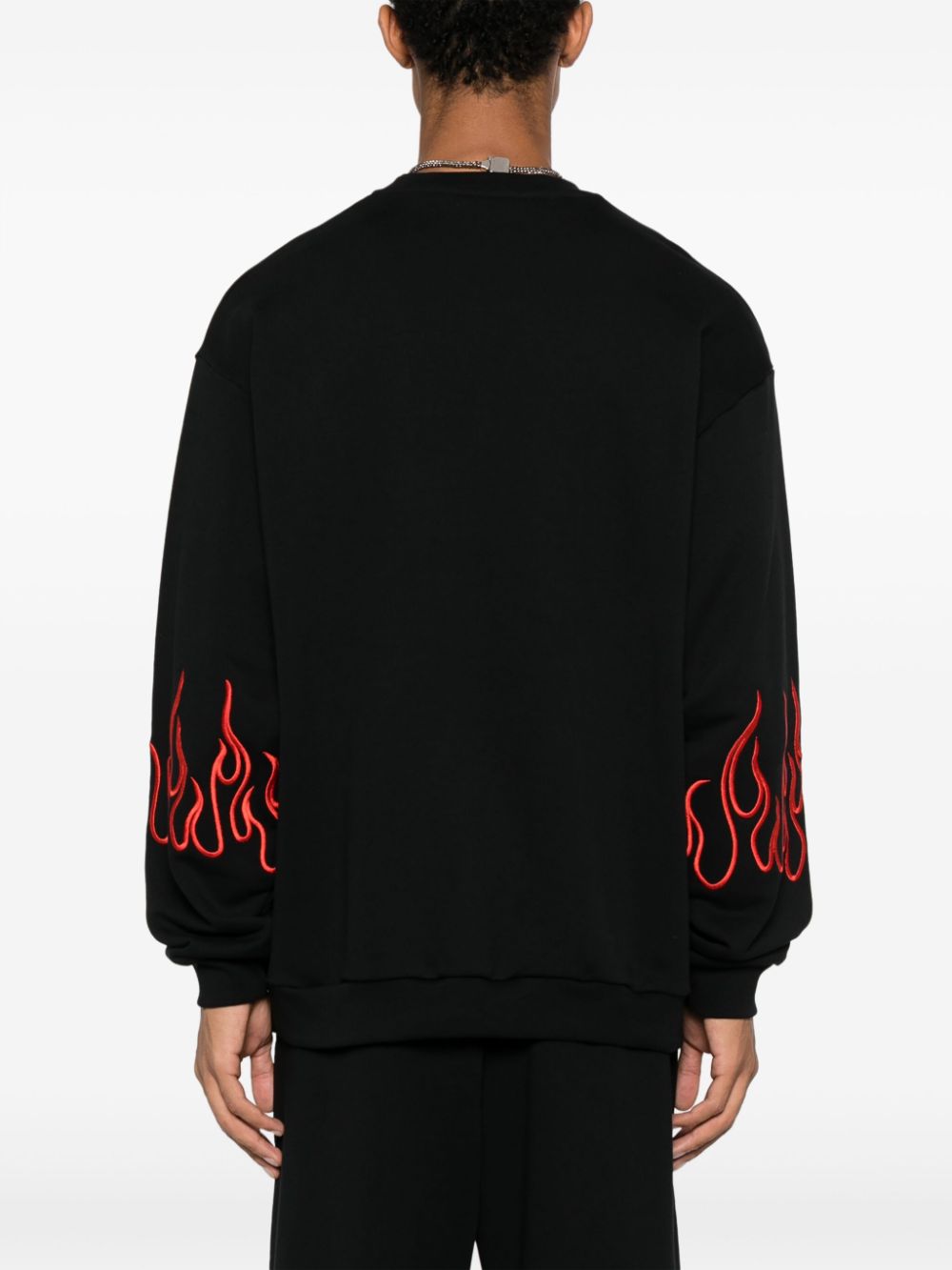 Black crewneck with red embroidered flames