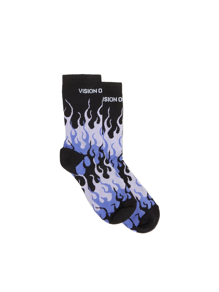 Black socks with purple flames and white logo