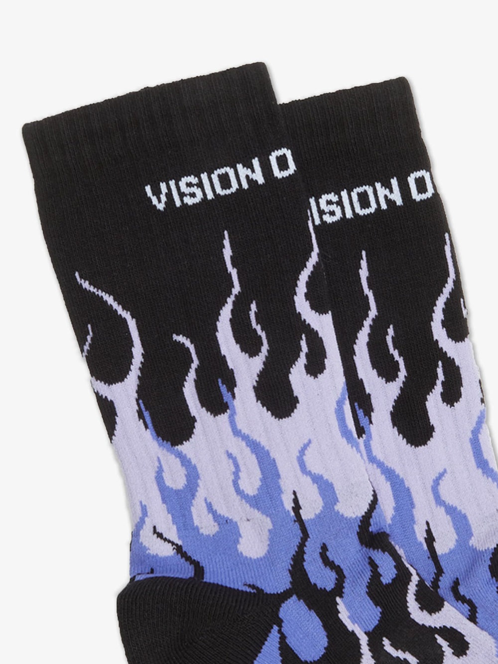 Black socks with purple flames and white logo