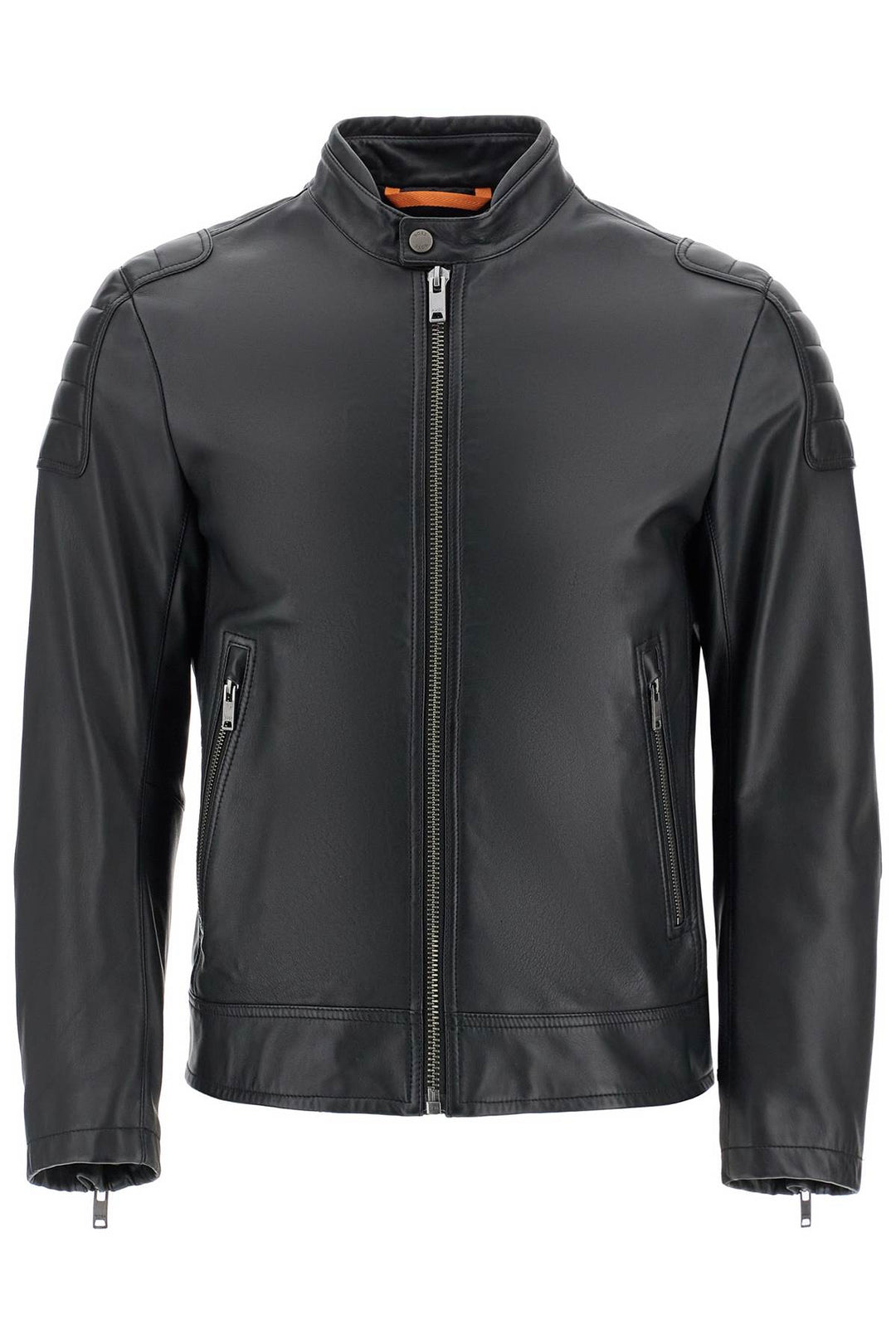 Black Leather Jacket With High Collar And Quilted Details