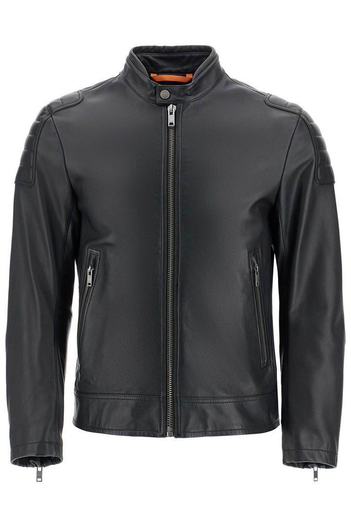 Black Leather Jacket With High Collar And Quilted Details