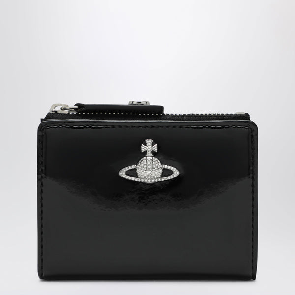 Black Slim Flap Card Holder With Crystal-Embellished Orb Bas Relief