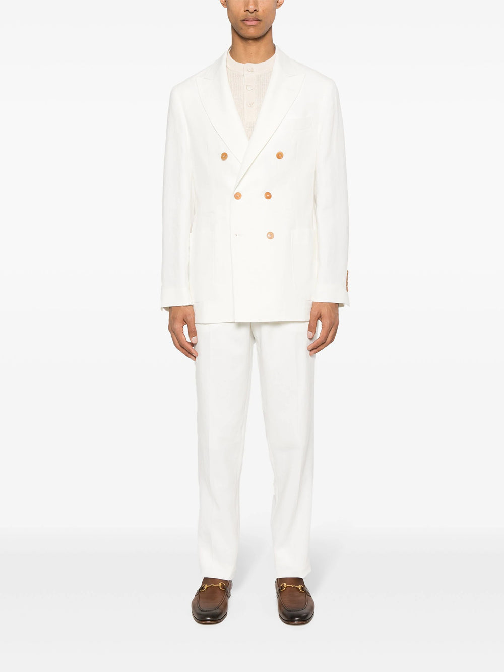 double-breasted linen suit