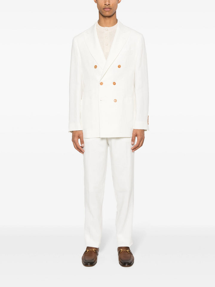 double-breasted linen suit