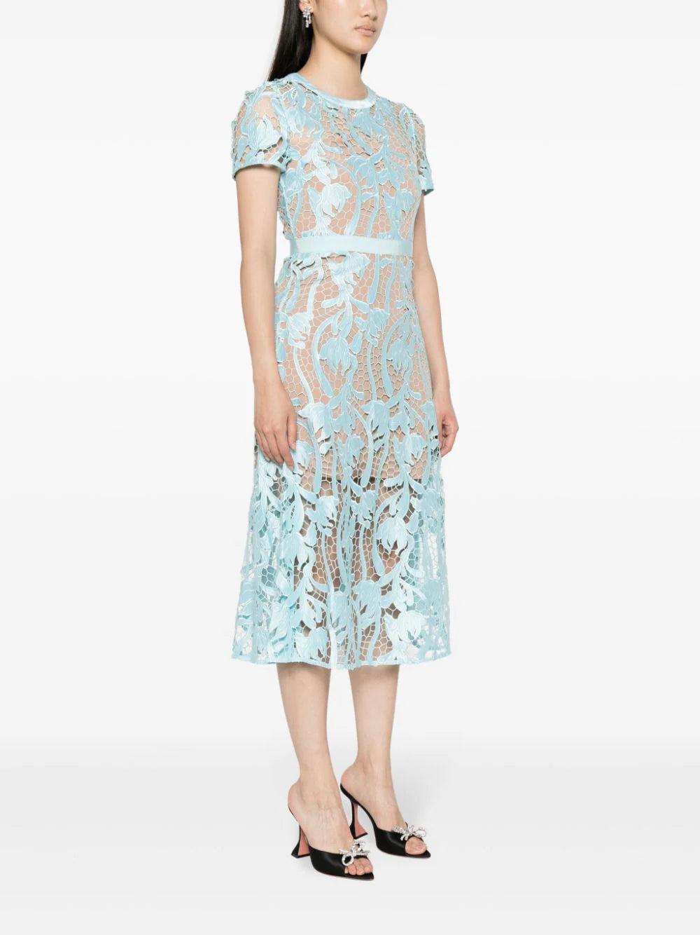 flared midi dress in guipure lace