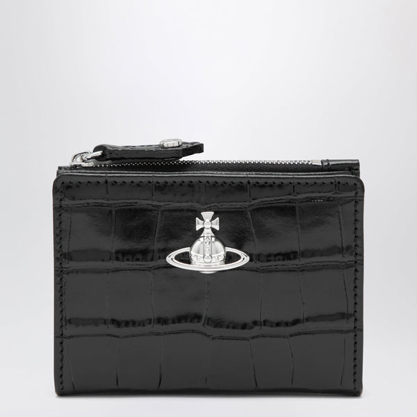 Slim Flap Crocodile-Embossed Leather Card Holder, Black