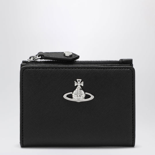 Small Black Leather Wallet With Orb Logo