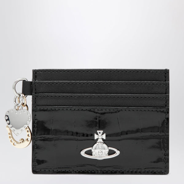 Croc-Embossed Leather Card Holder With Charms, Black