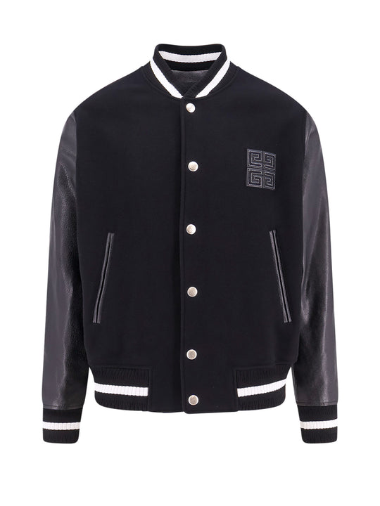 Varsity Wool Blend Bomber With Leather Sleeves