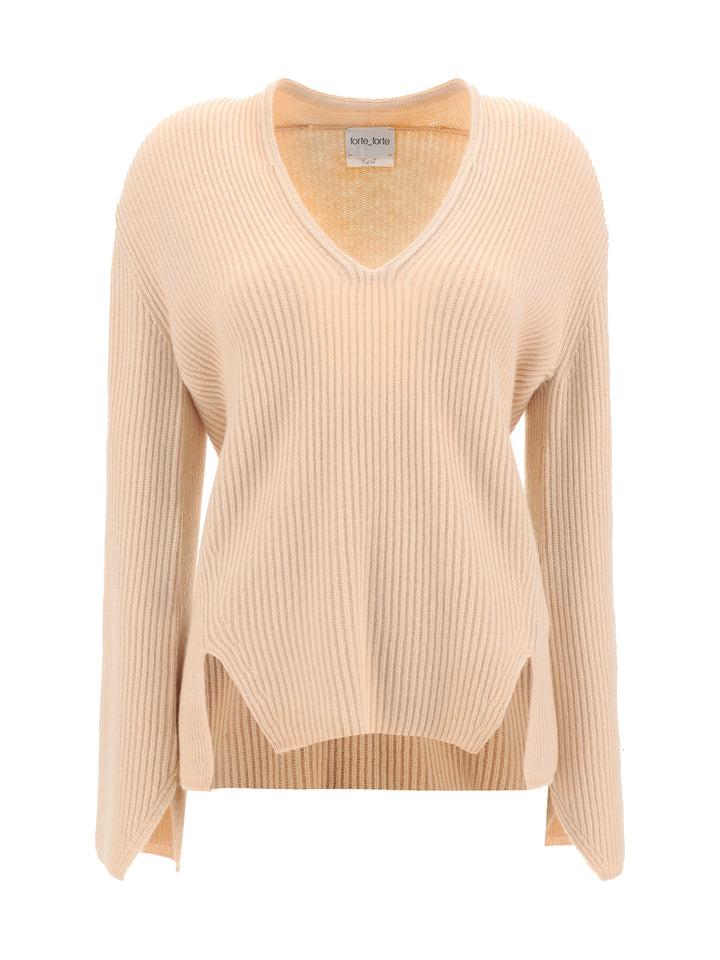 CASHMERE WOOL RIBBED V NECK SWEATER