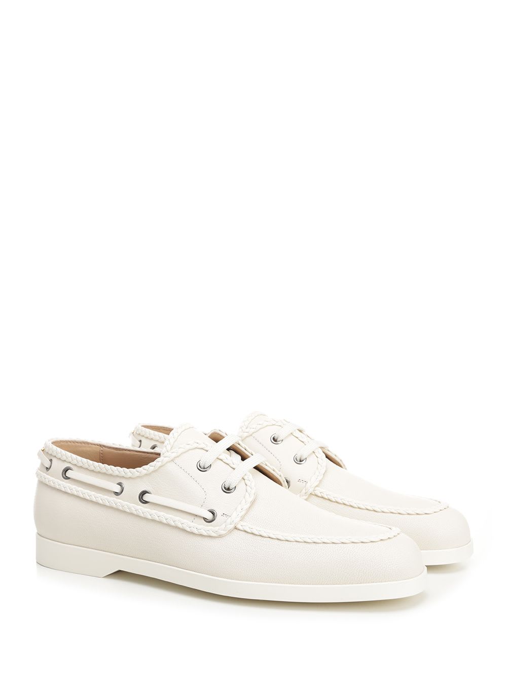 Ivory White Leather Boat Loafer Sneakers White