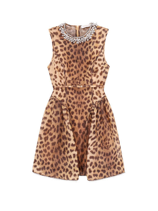 Linen And Silk Mini Dress With Animalier Print