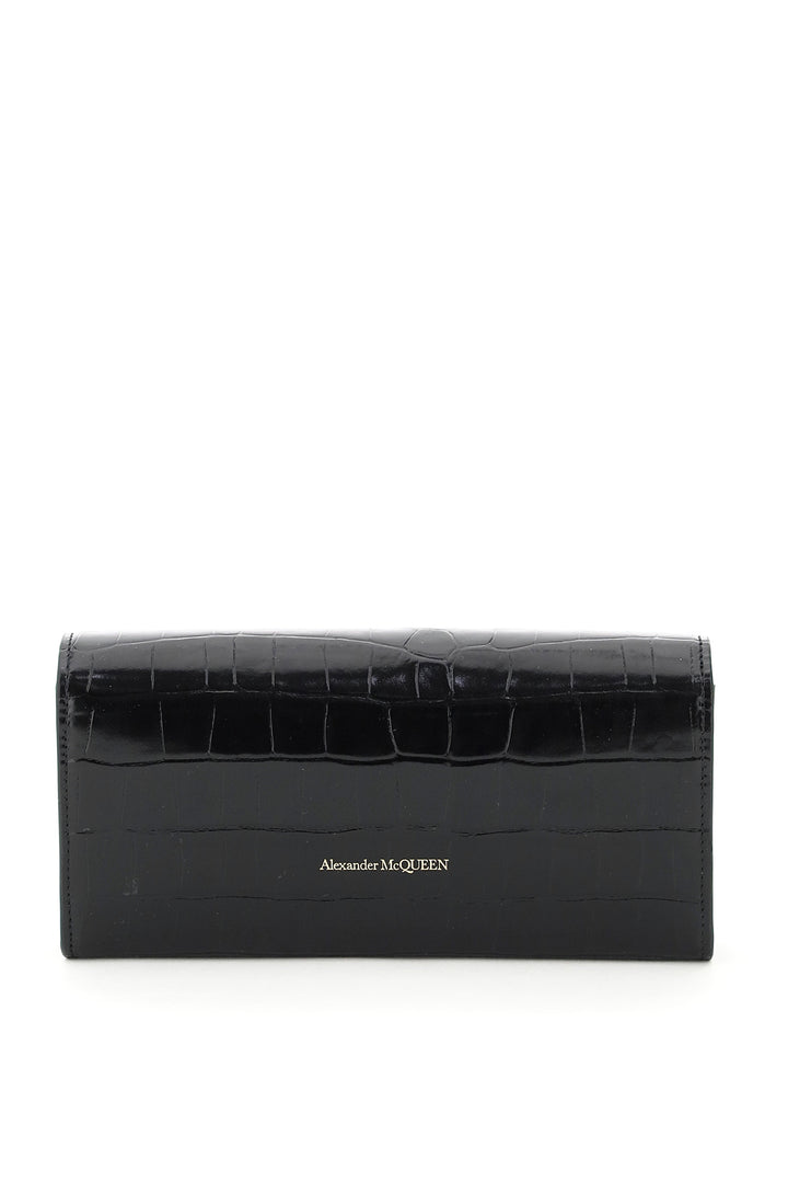 Croco Embossed Leather Mini Skull Clutch