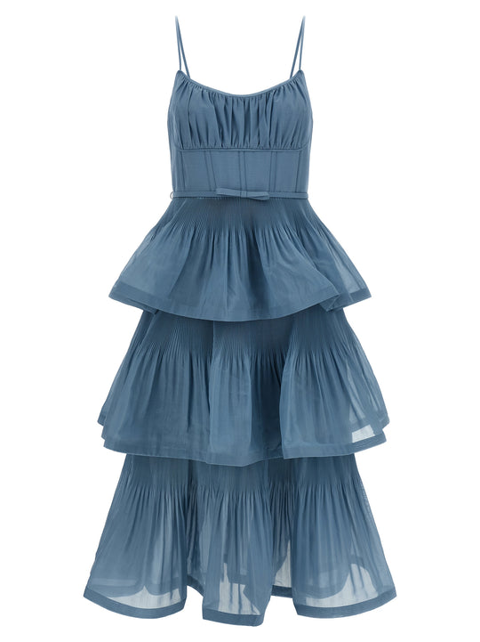Pleated Tiered Midi Dresses Light Blue