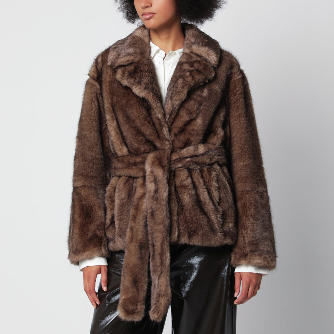 Stand Studio Brown Silena Jacket In Faux Fur With Belt