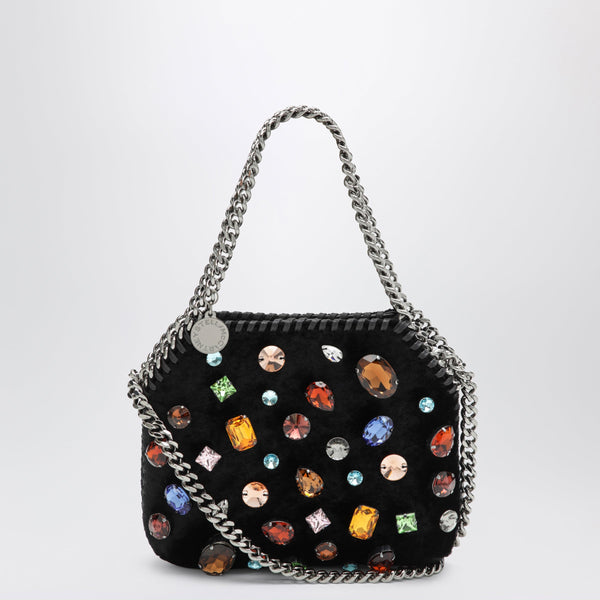 Black Falabella Tiny Shoulder Bag In Velvet With Crystals